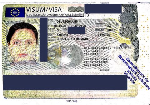 German national D student visa issued to Neha Kumari Singh in September 2025 by the Consulate General Kolkata, with document numbers hidden