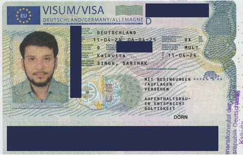German national D student visa issued to Sarthak Singh in April 2024 by the Consulate General Kolkata, with document numbers hidden