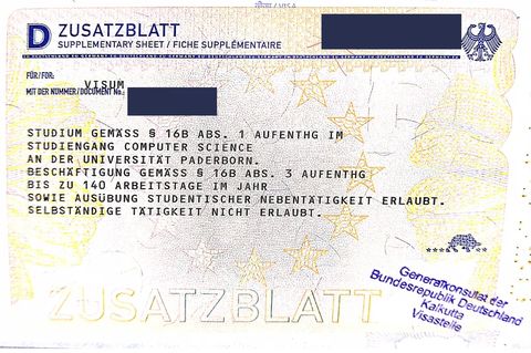 Supplementary sheet of a German student visa issued in September 2025, stating that employment of up to 140 working days a year is permitted
