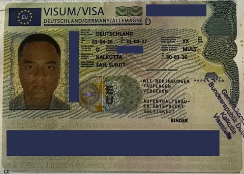 German national D visa issued to Surjit Sah in March 2026 by the Consulate General Kolkata, with document numbers hidden