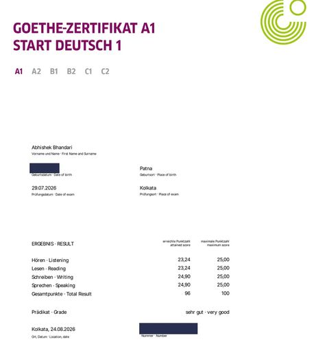 Goethe-Zertifikat A1 Start Deutsch 1 of Abhishek Bhandari: 96 of 100 points, grade very good, exam in Kolkata in July 2026, with date of birth and certificate number hidden